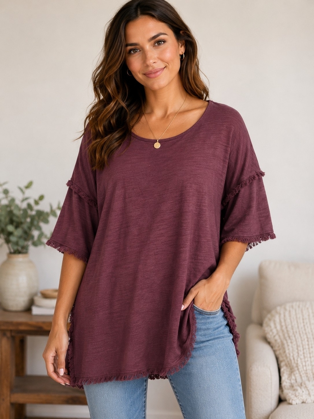 UMGEE Women's Fringed Sleeve Tunic Top - Plum